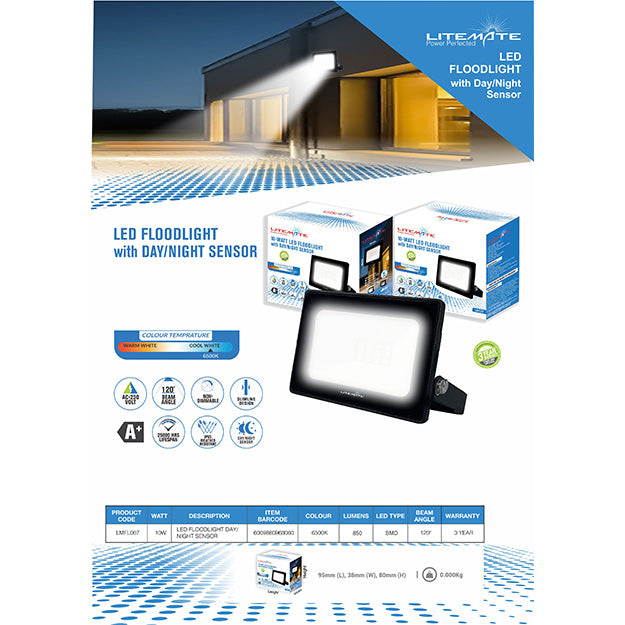 LiteMate Slimline 10 Watt Black LED Flood Light With Day/Night Sensor - Black