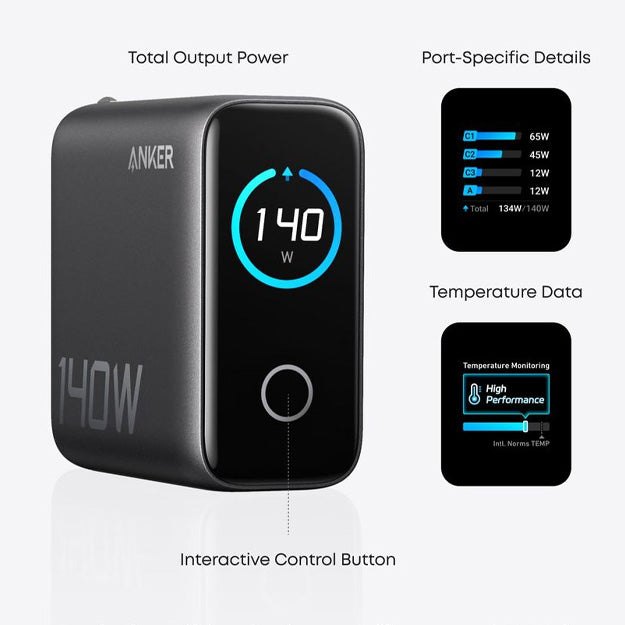 Anker 4 Port 140W GaN Laptop & Smartphone Charger With USB-C Cable - Black