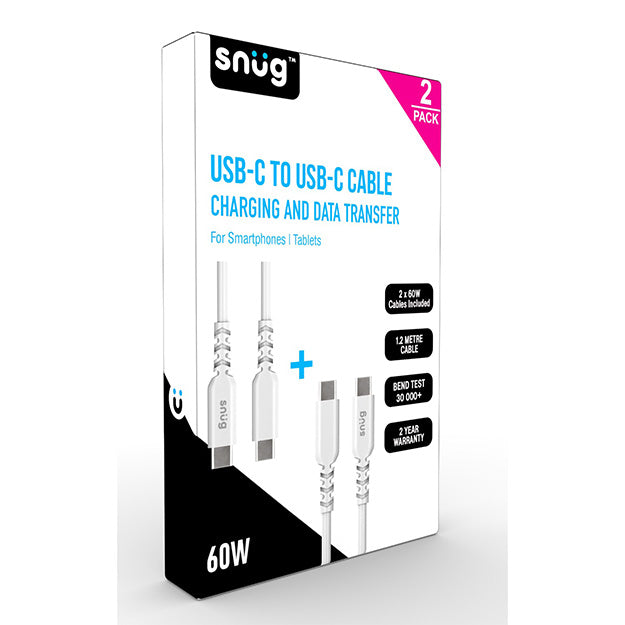 Snug USB-C To USB-C Charging And Data Transfer 60W 1.2m Cable(2 Pack) - White