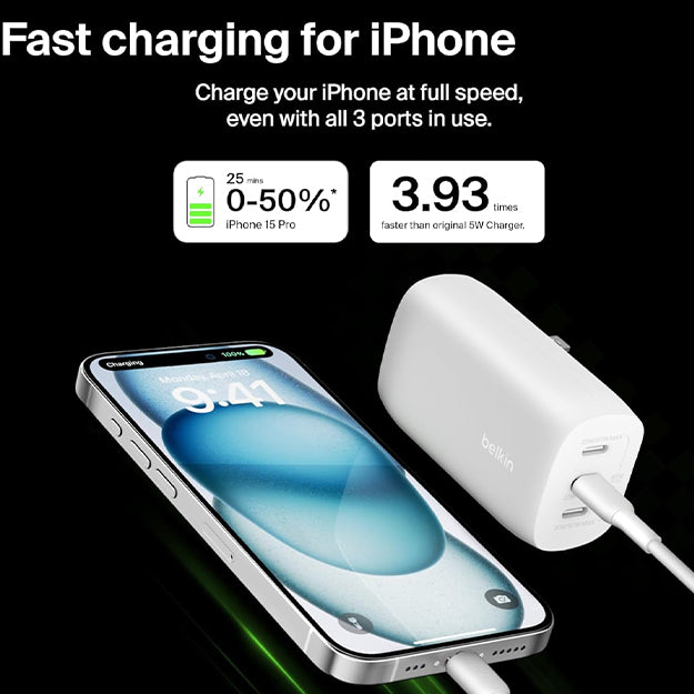 Belkin 3-In-1 67W Type-C Wall Charger With Type-C Male To Male Cable 2m - White