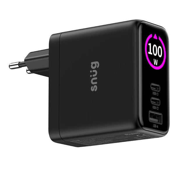 Snug Elite 3 Port GaN 100W Max Digital Display Wall Charger With USB-C Cable - Black