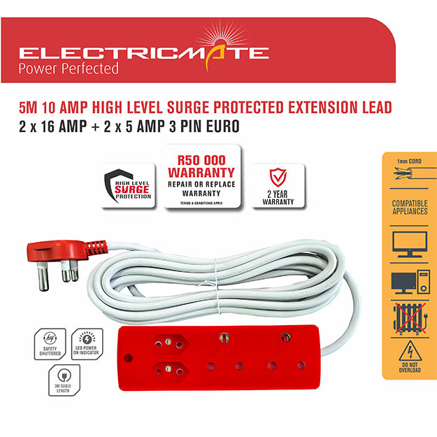 ElectricMate 10 Amp Extension Lead With High-Level Surge Protection (5M)