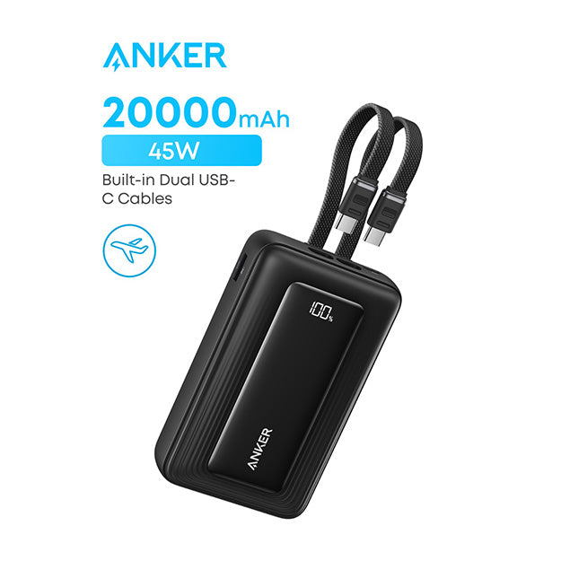 Anker Zolo Power Bank 20000mAh 45W Fast Charging With Built-In Dual USB-C Cables – Black