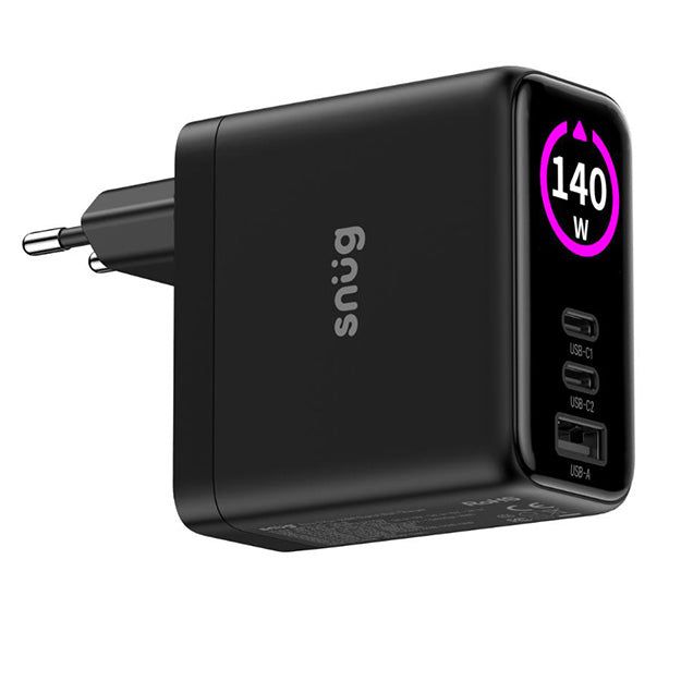 Snug Elite 3 Port GaN 140W Max Digital Display Wall Charger With USB-C Cable - Black