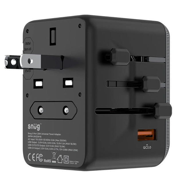 Snug 5 Port Universal Travel Adapter - 25W - Black