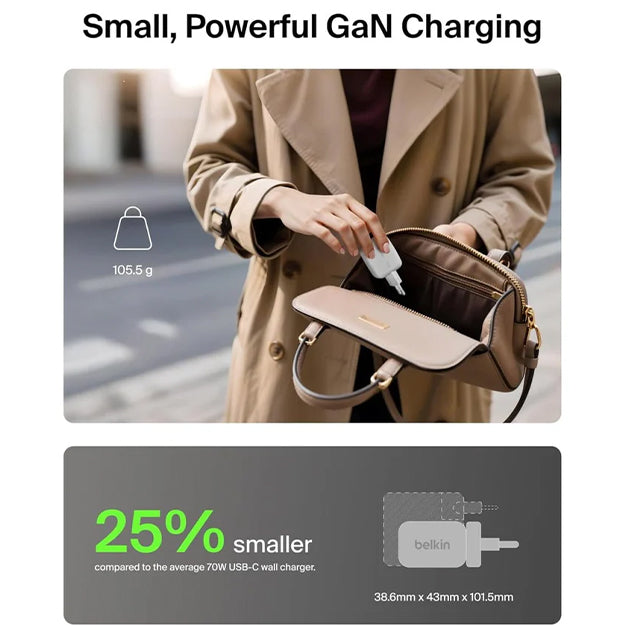 Belkin BoostCharge 3-Port GaN 70 Watt Wall Charger - White