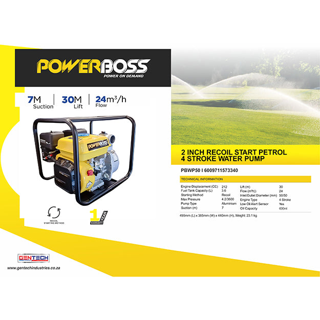 PowerBoss 50mm (2") Petrol Water Pump (PBWP50) - Black & Yellow