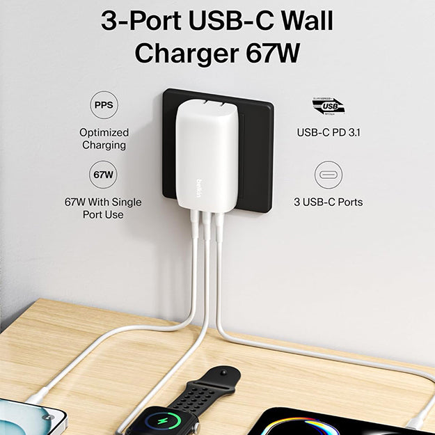 Belkin 3-In-1 67W Type-C Wall Charger With Type-C Male To Male Cable 2m - White