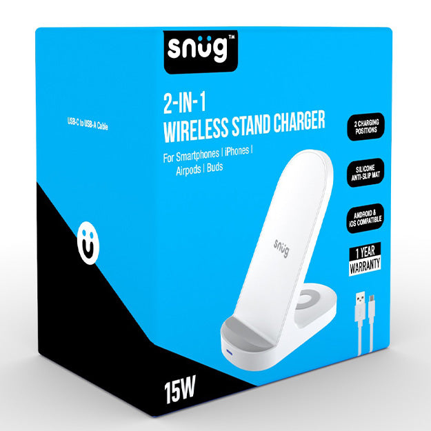 Snug 2-In-1 Wireless Stand Charger For Smartphones, iPhones, AirPods And Buds - White