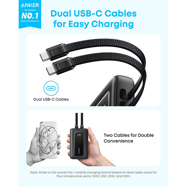 Anker Zolo Power Bank 20000mAh 45W Fast Charging With Built-In Dual USB-C Cables – Black
