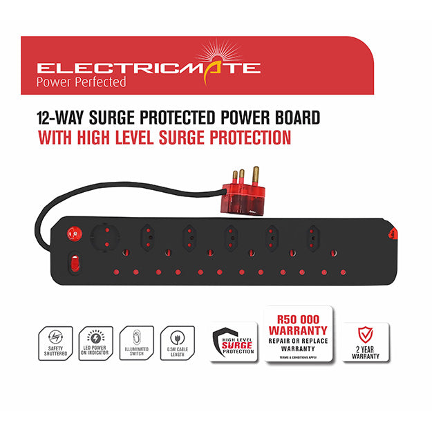 ElectricMate 12-WAY Single Switch High Level Surge Multiplug - Black