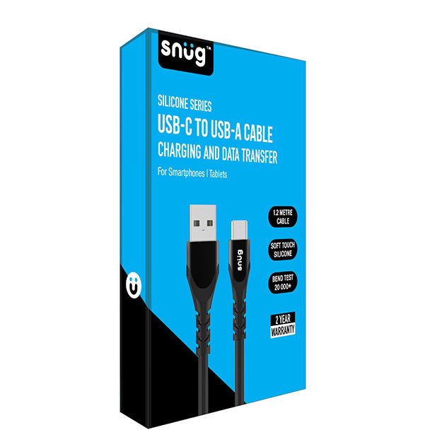Snug USB-C To USB-A Silicone Charging And Data Transfer 1.2m Cable - Black