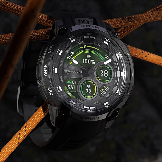 Garmin Instinct Crossover AMOLED Tactical Edition Rugged Hybrid GPS Smartwatch - Black With Black Silicone Band