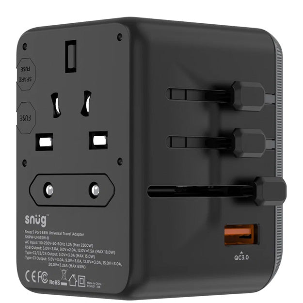 Snug 5 Port Universal Travel Adapter - 65W - Black