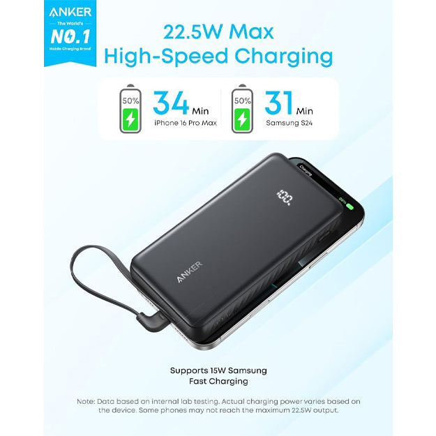 Anker Zolo 20 000mAh 22.5W Power Bank With Retractable Cable - Black