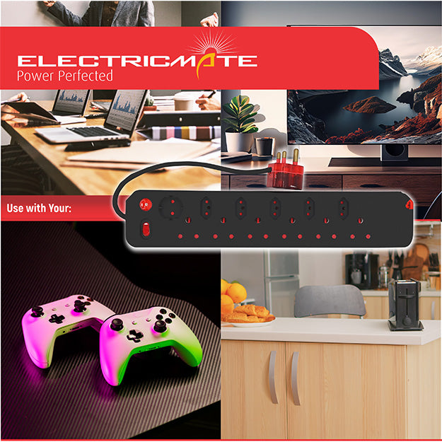 ElectricMate 12-WAY Single Switch High Level Surge Multiplug - Black