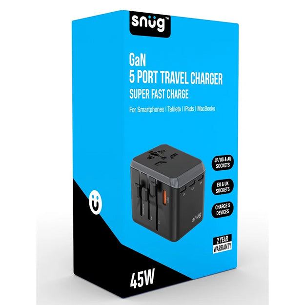 Snug 5 Port Universal Travel Adapter - 45W - Black