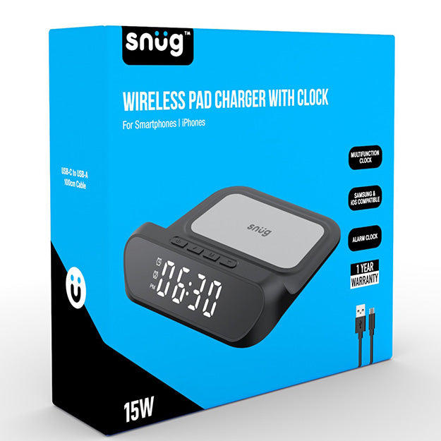 Snug Wireless Pad Charger With Clock For Smartphones And iPhones - Black