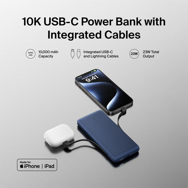 Belkin BoostCharge Plus 10 000mAh USB-C Power Bank With Integrated Cables - Blue