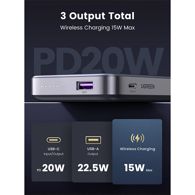 UGreen 10000mAh Magnetic Wireless Power Bank With Kickstand PD20W - Grey