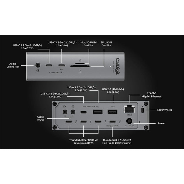 CalDigit TS5 Thunderbolt 5 Dock With 0.5m Braided TBT5 Cable & 240W PSU - Space Grey