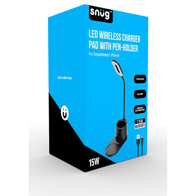 Snug LED Wireless Charger Pad With Pen-Holder For Smartphones And iPhones - Black