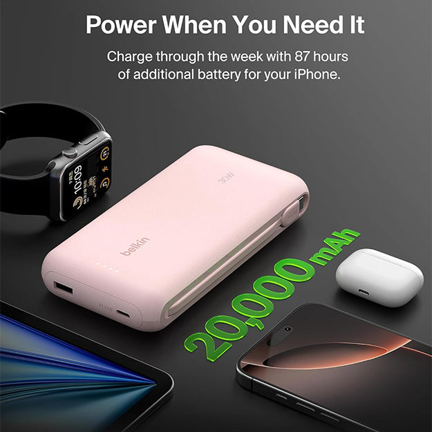 Belkin BoostCharge 20000 mAh PD 30 Watt USB-C Integrated Cable Power Bank