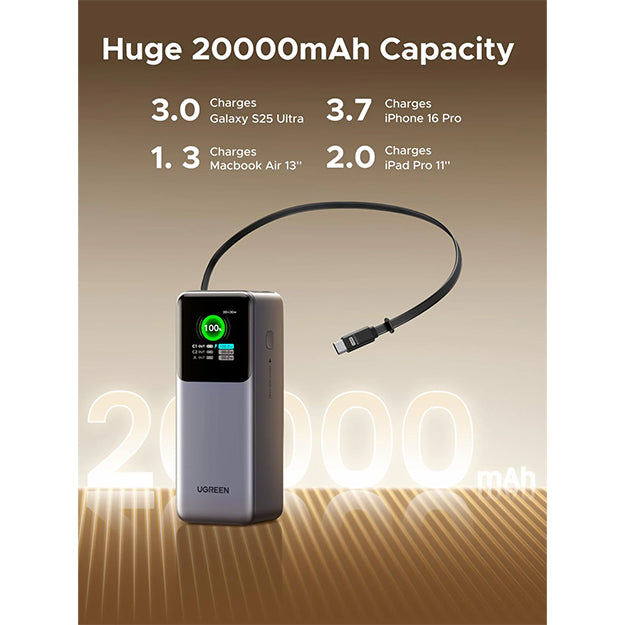 UGreen 20 000mAh 165W Nexode Power Bank With Retractable USB-C Cable - Space Grey