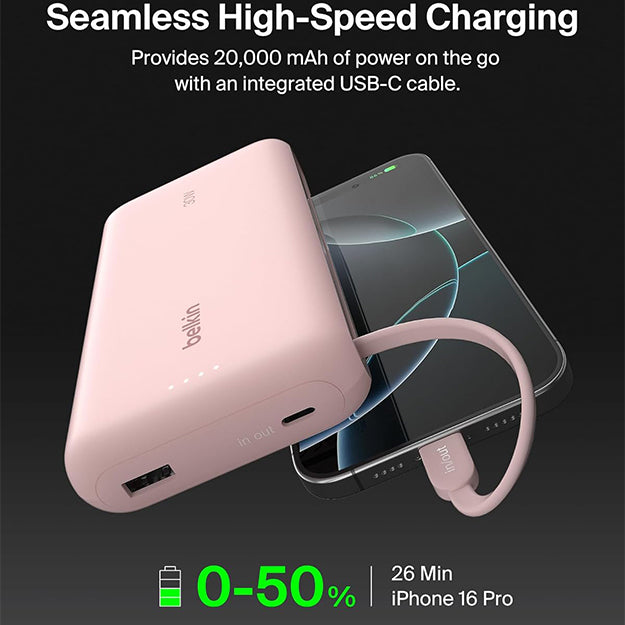 Belkin BoostCharge 20000 mAh PD 30 Watt USB-C Integrated Cable Power Bank
