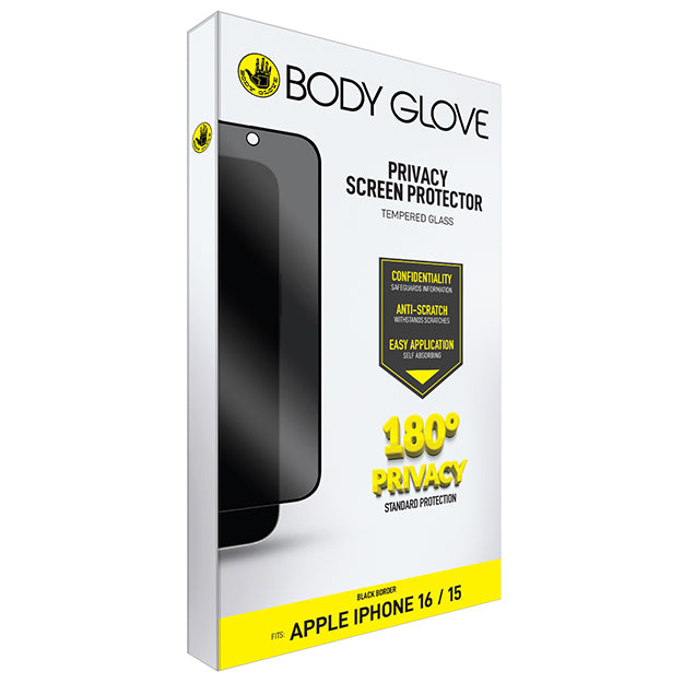Body Glove Privacy Tempered Glass Screen Protector For iPhone 16 / 15 – Black Border
