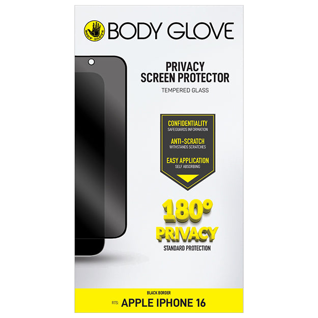 Body Glove Privacy Tempered Glass Screen Protector For iPhone 16 / 15 – Black Border