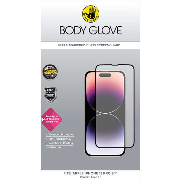 Body Glove iPhone 15 PRO Ultra Tempered Glass Screen Protector - Clear With Black Border