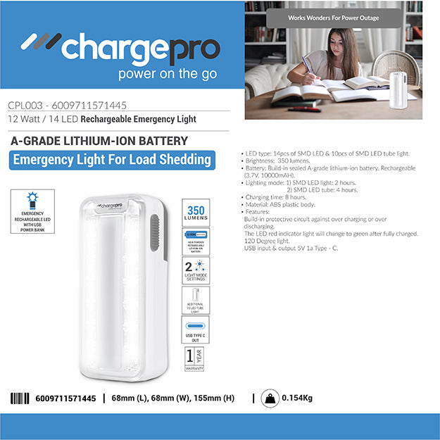 ChargePro 12-Watt 350 Lumens 14 LED Camping / Emergency Light (Lithium-Ion Battery) With USB In/Out