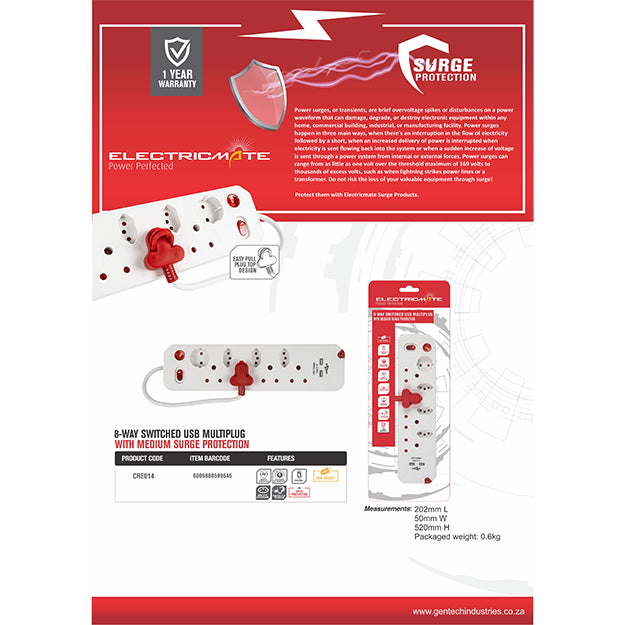 ElectricMate 8 WAY Single Switch Surge + 2.1 AMP USB Multiplug - White