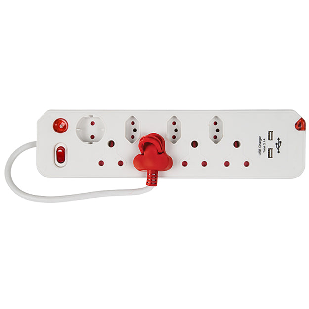 ElectricMate 8 WAY Single Switch Surge + 2.1 AMP USB Multiplug - White