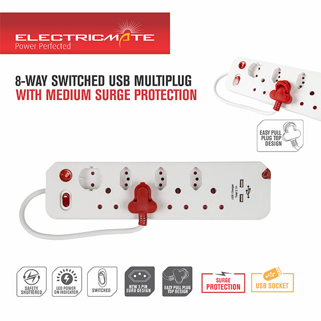 ElectricMate 8 WAY Single Switch Surge + 2.1 AMP USB Multiplug - White