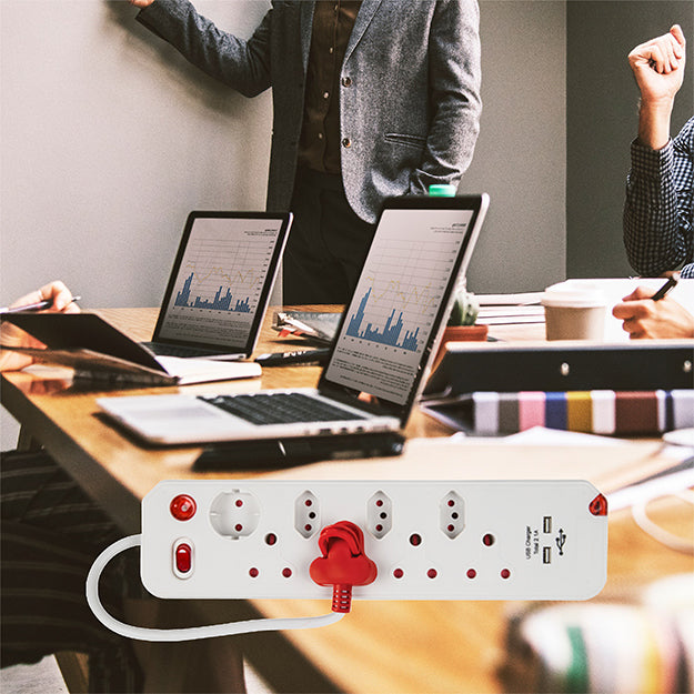 ElectricMate 8 WAY Single Switch Surge + 2.1 AMP USB Multiplug - White