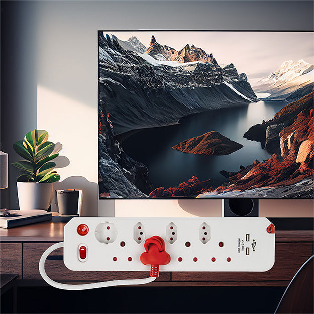 ElectricMate 8 WAY Single Switch Surge + 2.1 AMP USB Multiplug - White