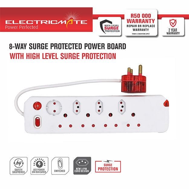 ElectricMate 8 Way Single Switch High level Surge Multiplug - White