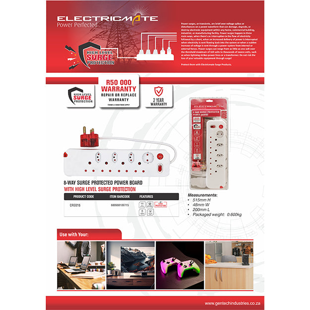 ElectricMate 8 Way Single Switch High level Surge Multiplug - White