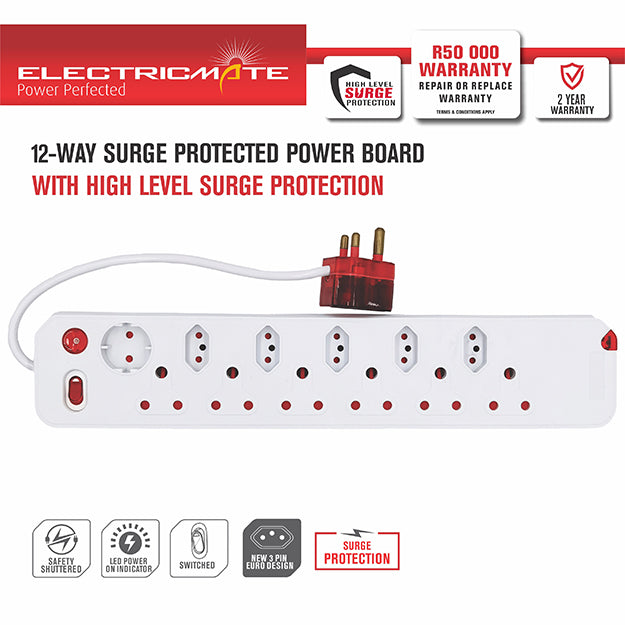 1 x ElectricMate 12-WAY Single Switch High Level Surge Multiplug - White