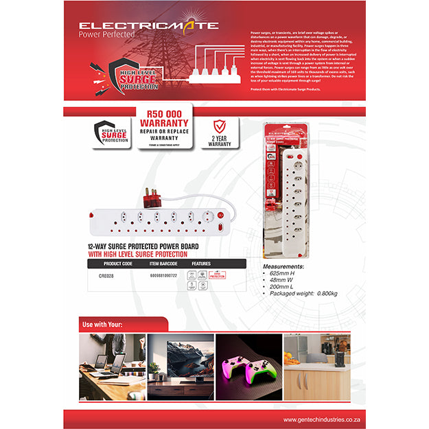 1 x ElectricMate 12-WAY Single Switch High Level Surge Multiplug - White