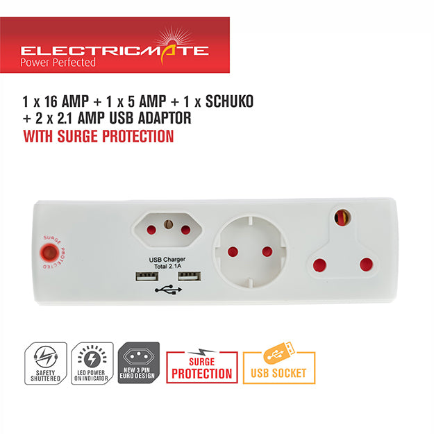 ElectricMate 1 X 16 + 2 X 5 AMP + 1 X Schucko + 2.1 AMP USB Surge Adapter - White