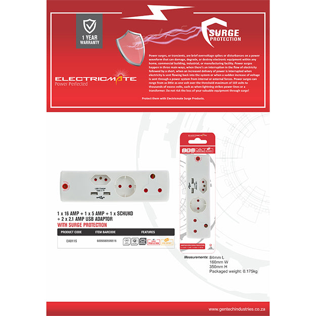 ElectricMate 1 X 16 + 2 X 5 AMP + 1 X Schucko + 2.1 AMP USB Surge Adapter - White