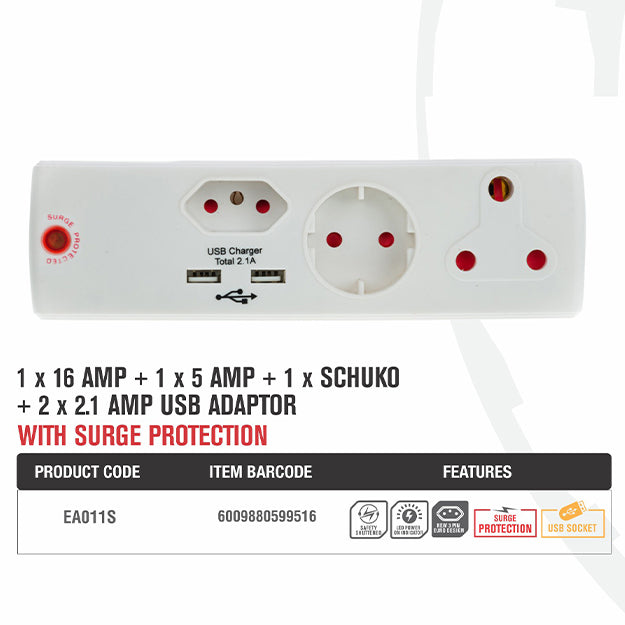 ElectricMate 1 X 16 + 2 X 5 AMP + 1 X Schucko + 2.1 AMP USB Surge Adapter - White