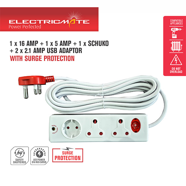 ElectricMate 16 Amp Extension Lead With 2 x16 Amp/ 1 x Schuko Side By Side Adaptor With Surge Protection 5M