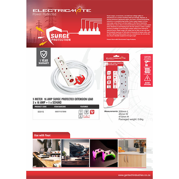 ElectricMate 16 Amp Extension Lead With 2 x16 Amp/ 1 x Schuko Side By Side Adaptor With Surge Protection 5M