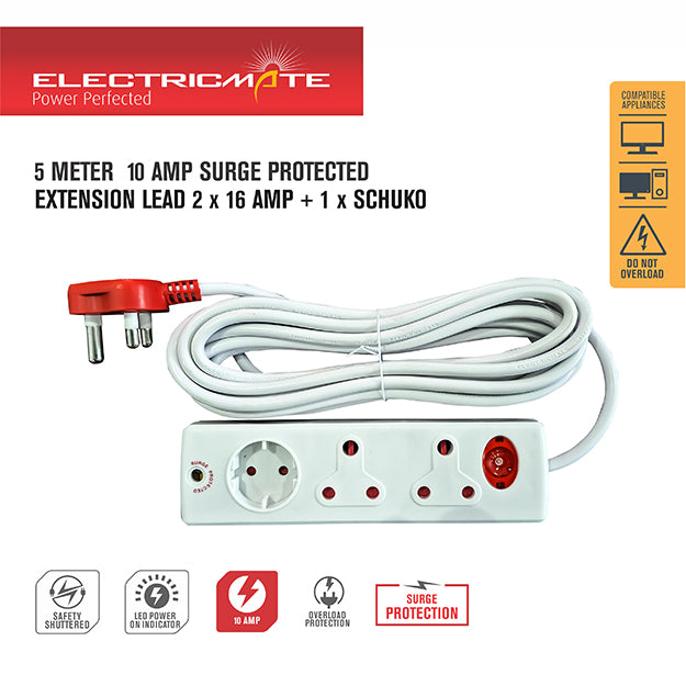 ElectricMate 10 Amp Extension Lead With 2 x16 Amp/ 1 x Schuko Side By Side Adapter With Surge Protection 5M - White