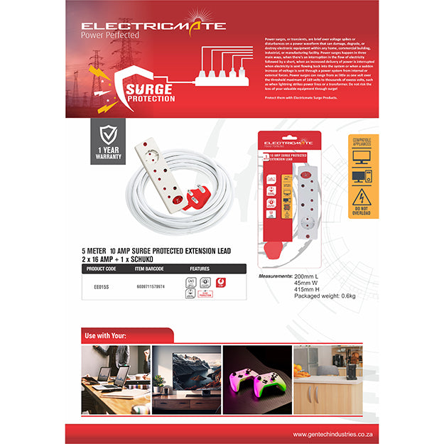 ElectricMate 10 Amp Extension Lead With 2 x16 Amp/ 1 x Schuko Side By Side Adapter With Surge Protection 5M - White