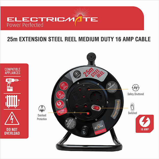 ElectricMate 16 Amp Steel Extension Reel 25M - Black